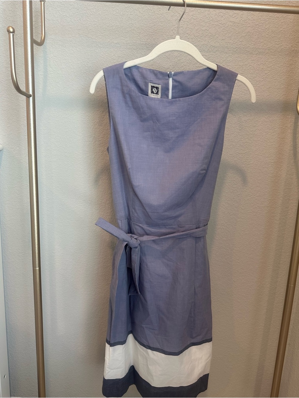 Anne Klein blue Sleeveless Belted Midi Dress with White & Navy Hem - Picture 2 of 7